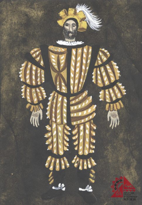 Эскиз костюма к спектаклю «Посланники дьявола».  1990 год. Картон, акварель, гуашь. 304х205 мм.