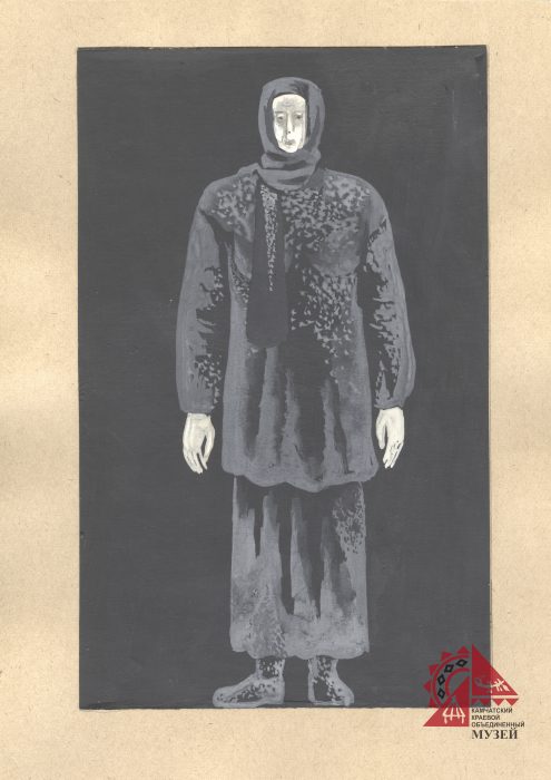 Эскиз костюма к спектаклю «Недоразумение».  1988 год. Бумага, картон, акварель, гуашь. 309х219 мм.