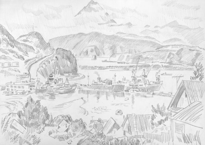 Камчатский пейзаж с рыбацкими судами. Бумага, карандаш.