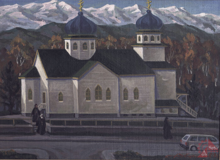 Кадьяк. Картон, масло. Православный храм. 1991г.